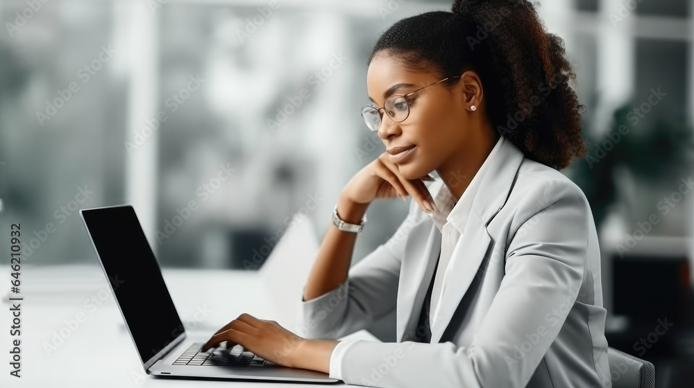 Confident black businesswoman looking at laptop and smiling at workplace. Confident black businesswoman looking at laptop and smiling at workplace.