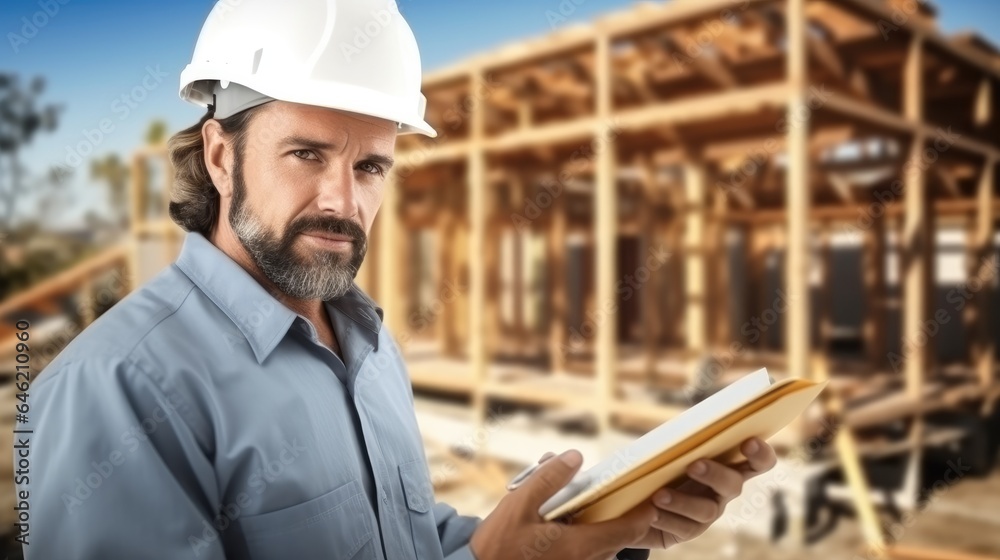 Building contractors analyzing blueprint at construction site. Building contractors analyzing blueprint at construction site.