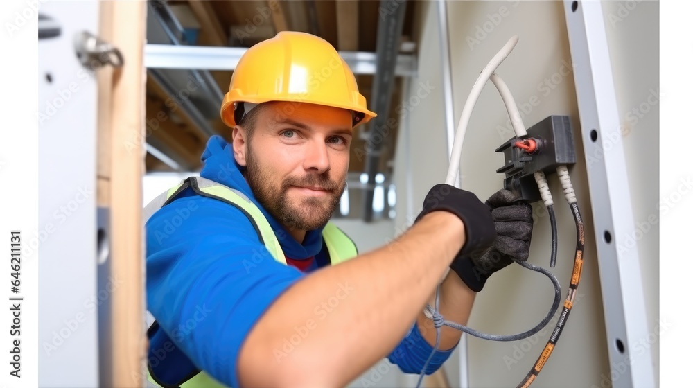 Electrician installing electricity in a new house under construction. Electrician installing electricity in a new house under construction.