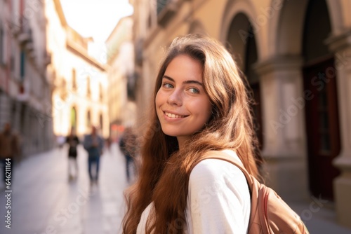 smiling attractive young female college student visiting an old city downtown looking at the camera