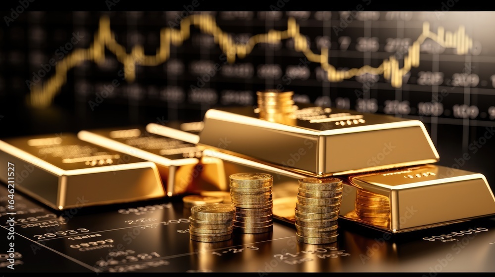 Gold bar resting investment on a stocks graph background, Investment finance concept. Gold bar resting investment on a stocks graph background, Investment finance concept.