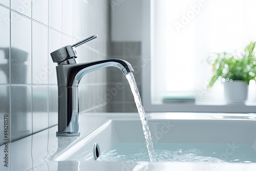 Water flowing from the faucet into the sink in the bathroom, close up. Space for text