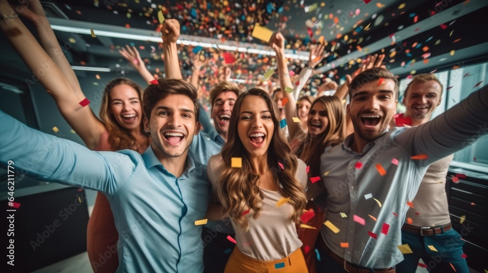 Fototapeta premium Happy diverse employees team celebrating success business achievement among confetti in modern office, Business success concept.