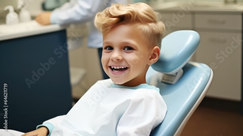 Happy little boy are sitting on chair in dentist s office.