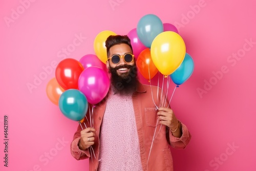 man wearing colorful sunglass, holding colorful balloons