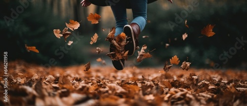 Person playfully jumping into a pile of leaves, their hands and legs creating a sense of action. The blurred foliage adds a touch of magic to the scene, capturing the essence of a carefree autumn day © Daunhijauxx