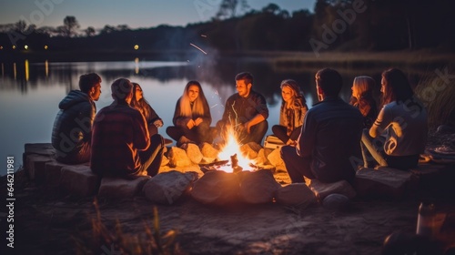 a group of friends relaxing by a campfire during a lakeside picnic, their backs facing the camera.  photo