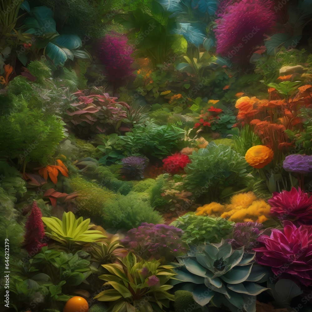 A mystical garden where edible herbs and spices grow in colorful, swirling patterns1 A mystical garden where edible herbs and spices grow in colorful, swirling patterns1