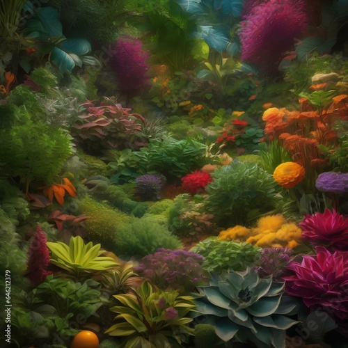 A mystical garden where edible herbs and spices grow in colorful, swirling patterns1