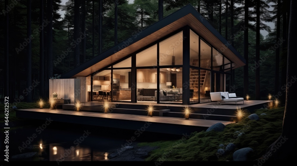 Modern cabin house in deep forest, Modern luxury villa exterior in minimal style.