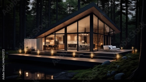 Modern cabin house in deep forest, Modern luxury villa exterior in minimal style. © visoot