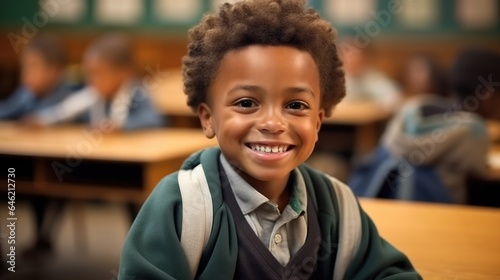 Portrait of young African American boy smiling in a elementary school classroom at school.