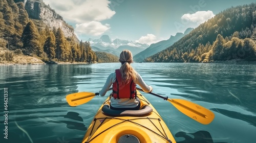 Woman kayaking in lake with beautiful landscape.