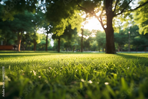 The lawn of the well-maintained park and the green trees. The background of the light of the summer sun shining. Lifestyle concept for holidays and vacations.