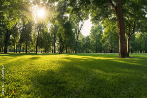The lawn of the well-maintained park and the green trees. The background of the light of the summer sun shining. Lifestyle concept for holidays and vacations.