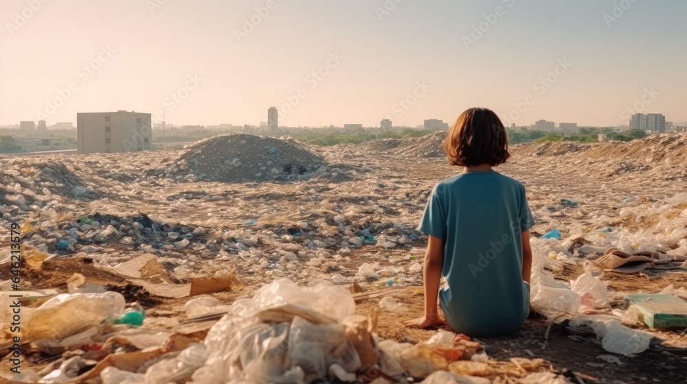 Rear view, Sad children sitting looking at a lot of plastic wastes, Environmental pollution.