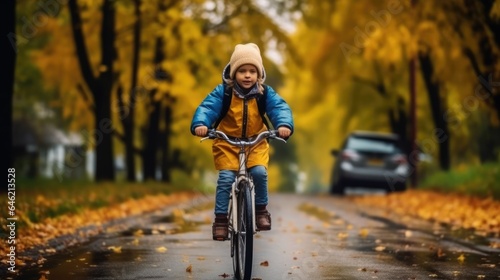 shot of a kid back to school ride a bicycle in autumn © Daunhijauxx