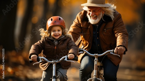 shot of a kid teaching an elderly person to ride a bicycle in autumn
