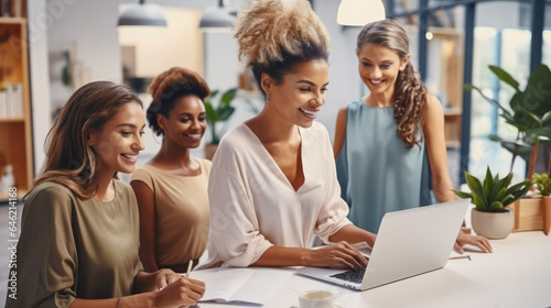 Group of women with laptop for fashion design, Planning or draft online for clothing line.