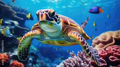 Turtle and sea animals with colorful coral underwater in ocean.