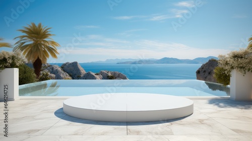 White marble podium near pool with sea view on background. © visoot