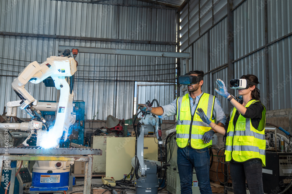 Engineers wearing goggles while controlling robot arm machine welding steel, worker using forcing welding with a control screen which is used for precision welding control.