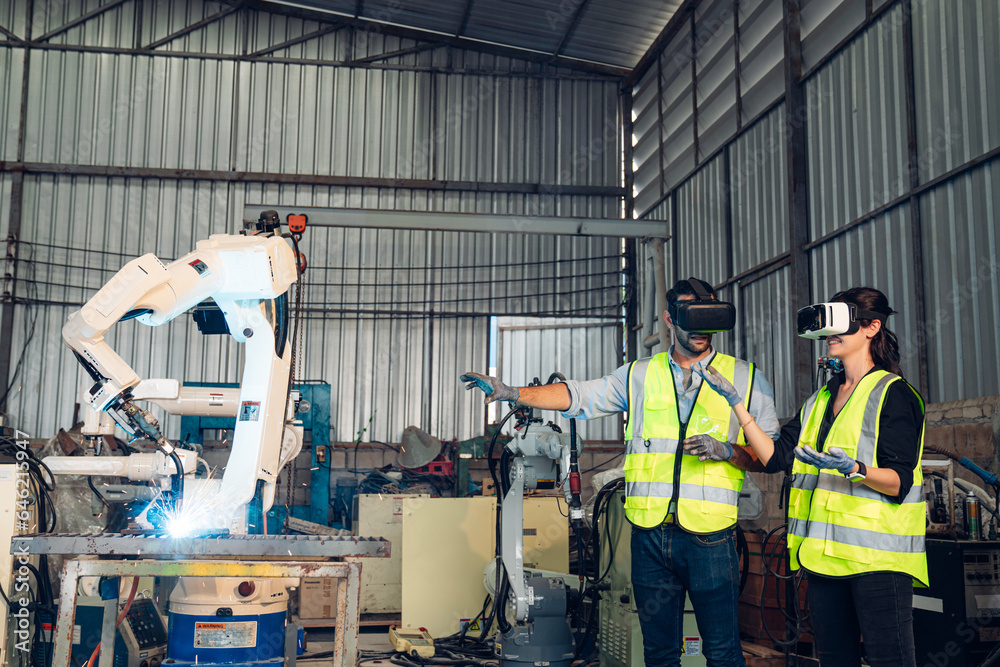 Engineers wearing goggles while controlling robot arm machine welding steel, worker using forcing welding with a control screen which is used for precision welding control. Engineers wearing goggles while controlling robot arm machine welding steel, worker using forcing welding with a control screen which is used for precision welding control.