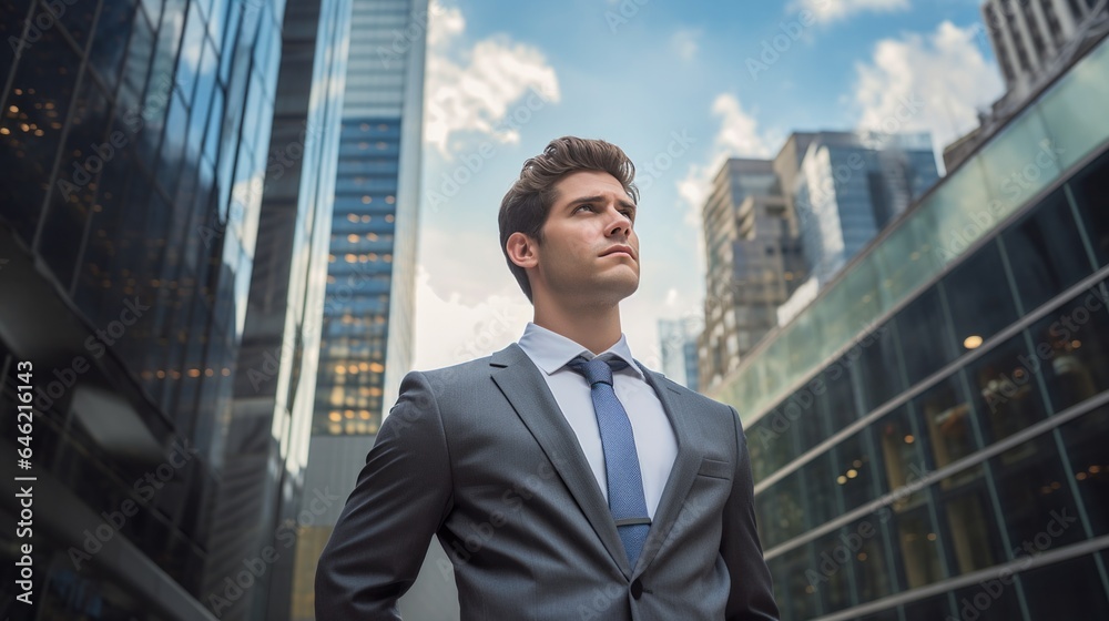 Portrait of businessman standing in front of high-rises and looking up. Portrait of businessman standing in front of high-rises and looking up.