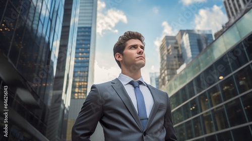 Portrait of businessman standing in front of high-rises and looking up.