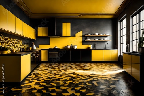 an artistic shot of empty kitchen , yellow and black color carten and walls present , hd photo