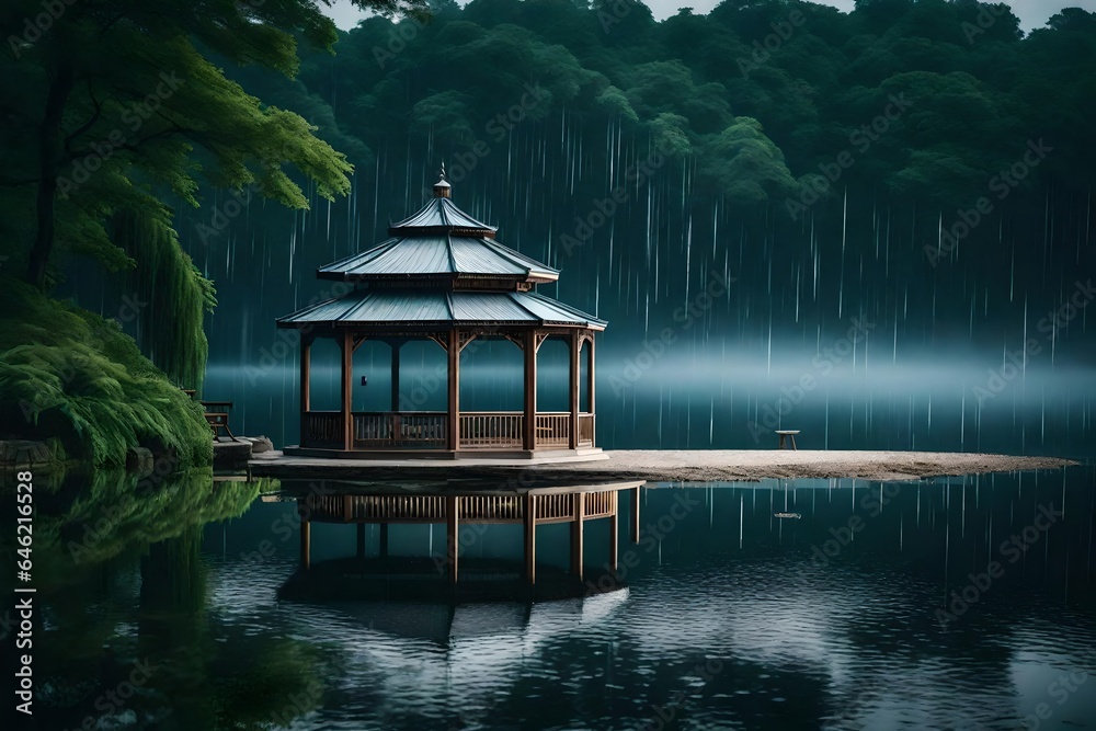 Fototapeta premium A tranquil lakeside gazebo amid a drizzling rain.
