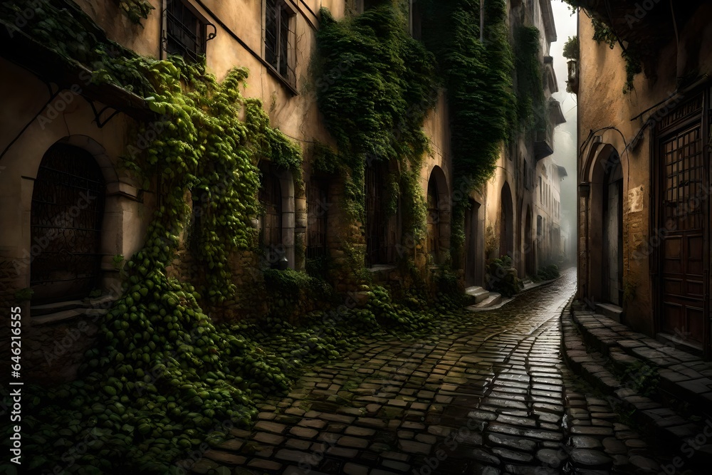 A cobblestone alley adorned with rain-soaked vines. A cobblestone alley adorned with rain-soaked vines.