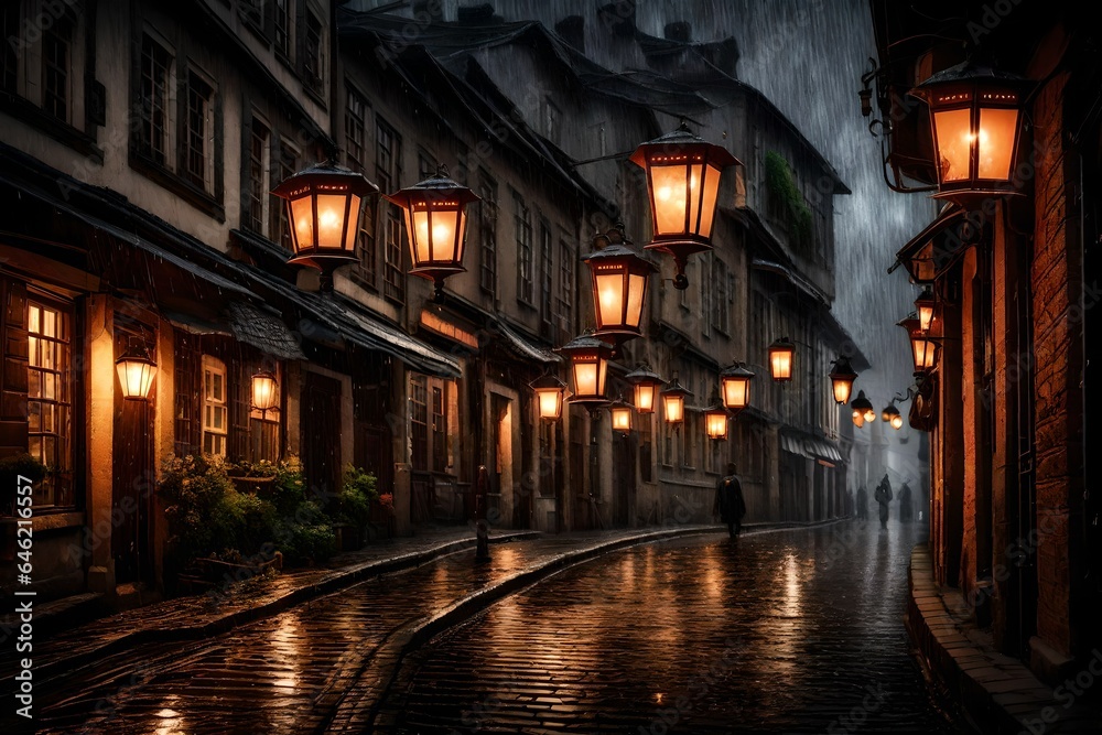 Rain-soaked cobblestone streets under vintage lanterns.