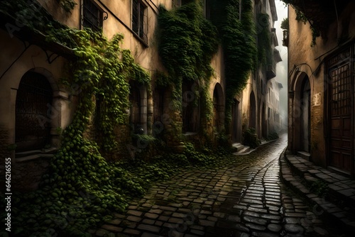A cobblestone alley adorned with rain-soaked vines.