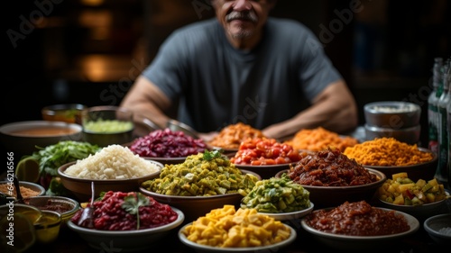 Mexican and Latino young adult, preparing tacos at his taqueria stand, ready to serve his customers and enjoy their typical Mexican food photo