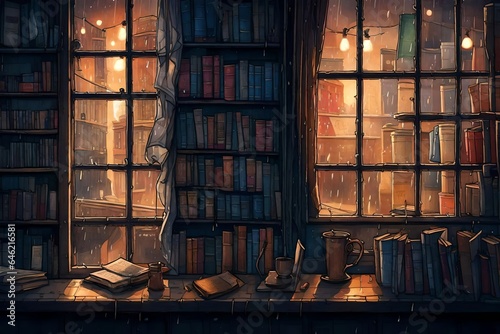A quaint bookshop's rainy windowpane in twilight.