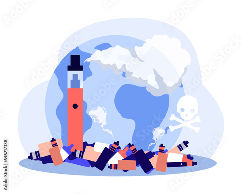 Pile of vapes harming planet vector illustration. Electronic cigarettes polluting nature and health of people, environmental impact of smoking. Recycling of vape, ecology, health care concept
