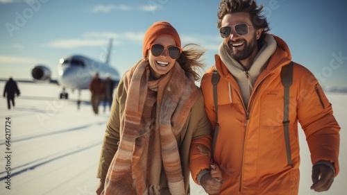 happy couple traveling to a snowy city, cold clothes, young man and woman