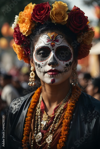 A person capturing the jubilant celebrations of Dia de los Muertos (Day of the Dead) in Mexico. Image created using artificial intelligence.