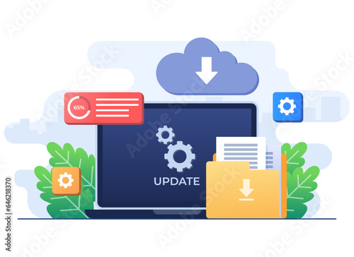 Upgrading operating system flat illustration, System update, System maintenance, Update program and application, Error fixing, troubleshooting, Device update, Software upgrade process