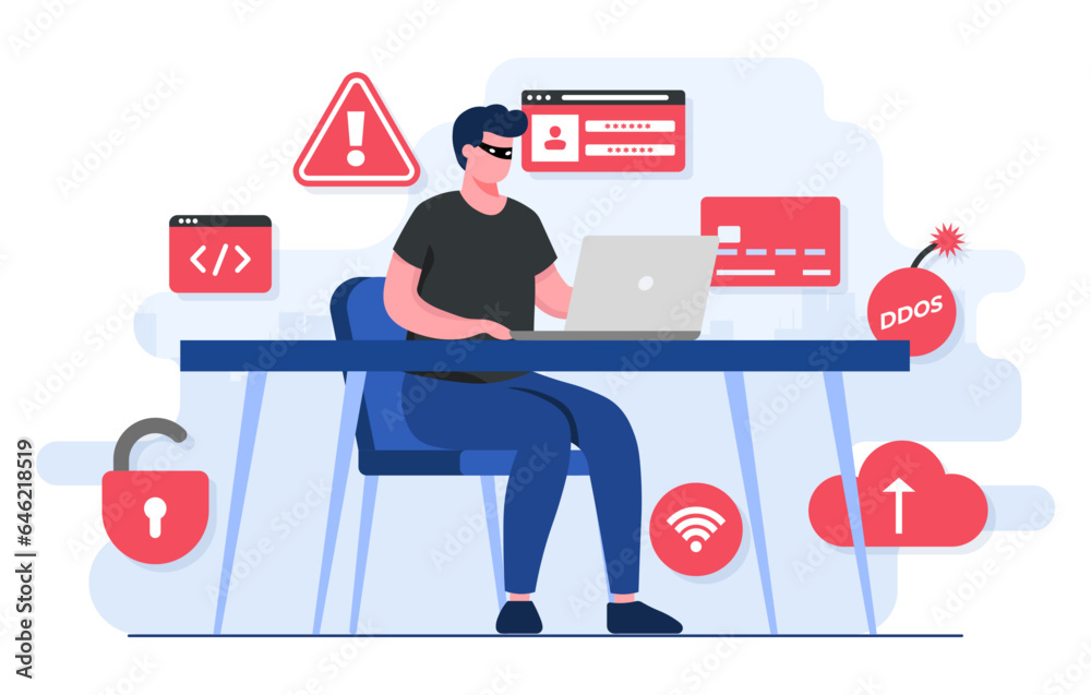 Cybercrime flat illustration concept, Fraud scam, Hacker steal private data on device, Internet fraud, Online phishing, Bulgar steal, Malware, password phishing, DDOS attack, Credit card scam