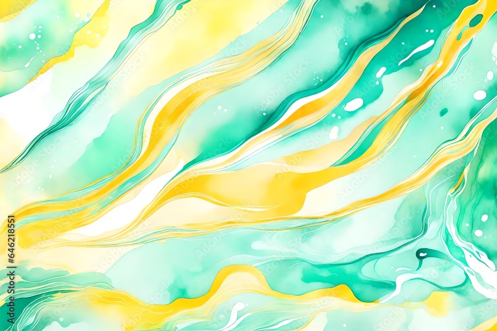 yellow mint liquid marble watercolor background with white lines and brush stains. Teal turquoise marbled alcohol ink drawing effect. Vector illustration backdrop, watercolour wedding invitation
