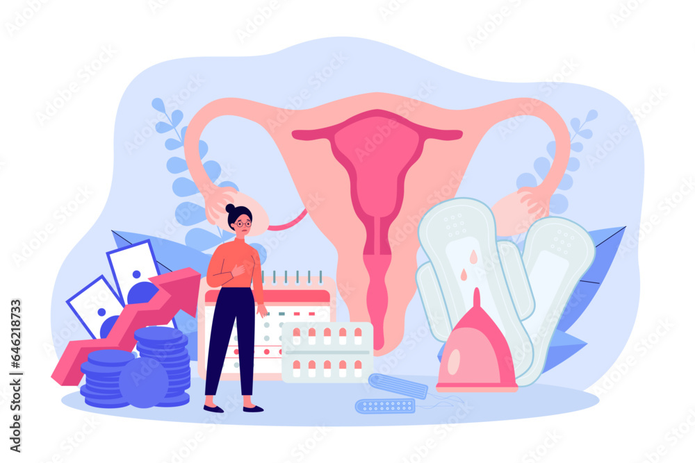 Woman upset about rising prices on pads vector illustration. Cartoon drawing of tiny girl with huge pads, menstrual cup, tampons, calendar and uterus. Hygiene, menstruation, female health concept Woman upset about rising prices on pads vector illustration. Cartoon drawing of tiny girl with huge pads, menstrual cup, tampons, calendar and uterus. Hygiene, menstruation, female health concept