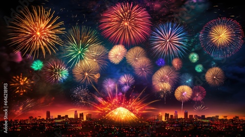 Fireworks banner for Diwali festival of lights background. Colorful Indian firework illustration.