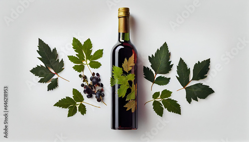 Bottle of wine with grapes and leaves, ottle of red wine with ripe grapes and flat leave on white background. Copy space, top view, Ai generated image photo