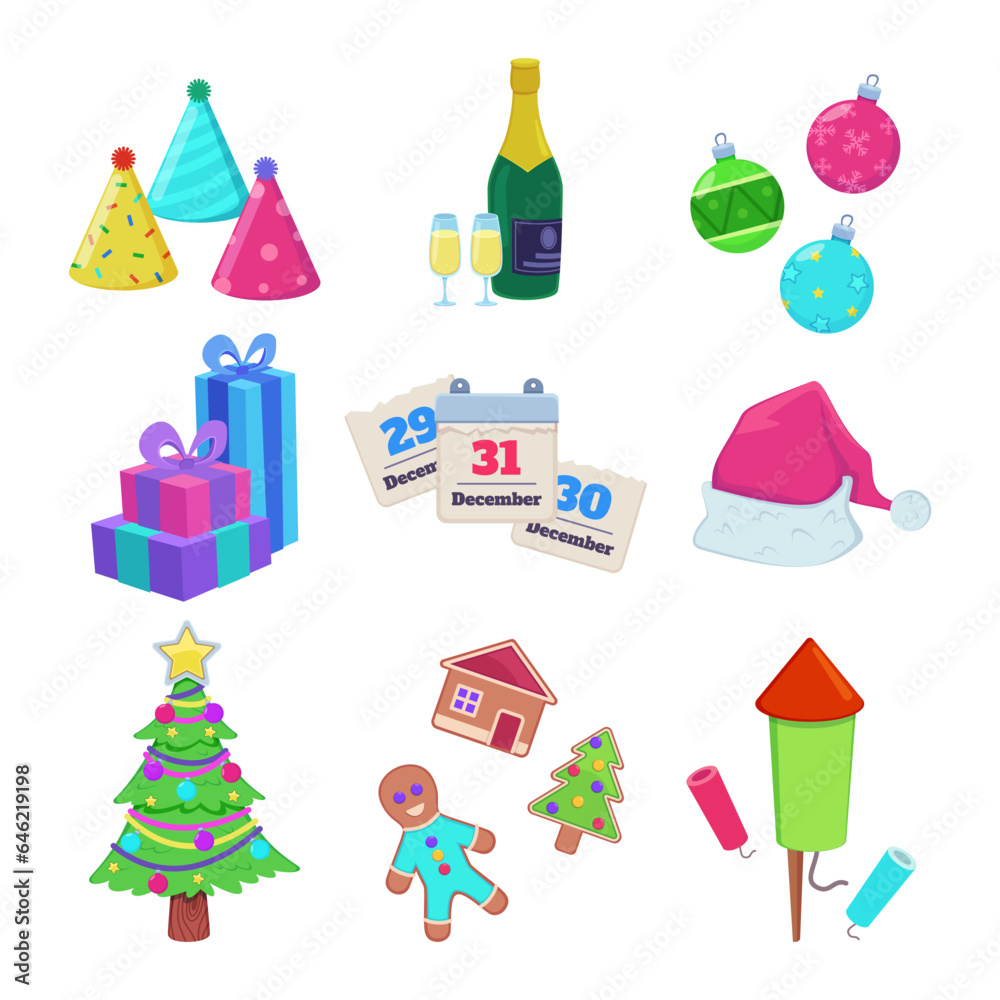 New Year decorations and symbols vector illustrations set. Cartoon drawings of party hats, champagne, bauble, Christmas tree, calendar pages, gingerbread cookies. New Year, winter, celebration concept