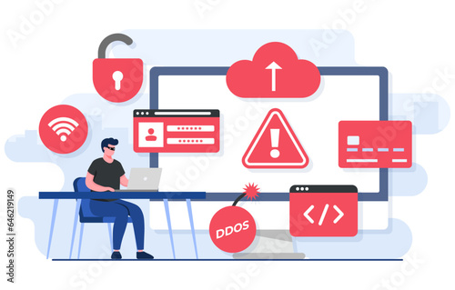 Cybercrime flat illustration concept, Fraud scam, Hacker steal private data on device, Internet fraud, Online phishing, Bulgar steal, Malware, password phishing, DDOS attack, Credit card scam