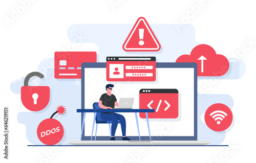 Cybercrime flat illustration concept, Fraud scam, Hacker steal private data on device, Internet fraud, Online phishing, Bulgar steal, Malware, password phishing, DDOS attack, Credit card scam