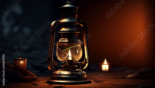 Burning kerosene lamp background, concept lighting, Old oil lamp on the table, Ai generated image 