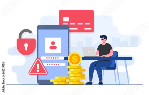 Phishing concept flat illustration concept, Hackers stealing bank details, Steal money, Credit card scam, Hacker attack, Database security